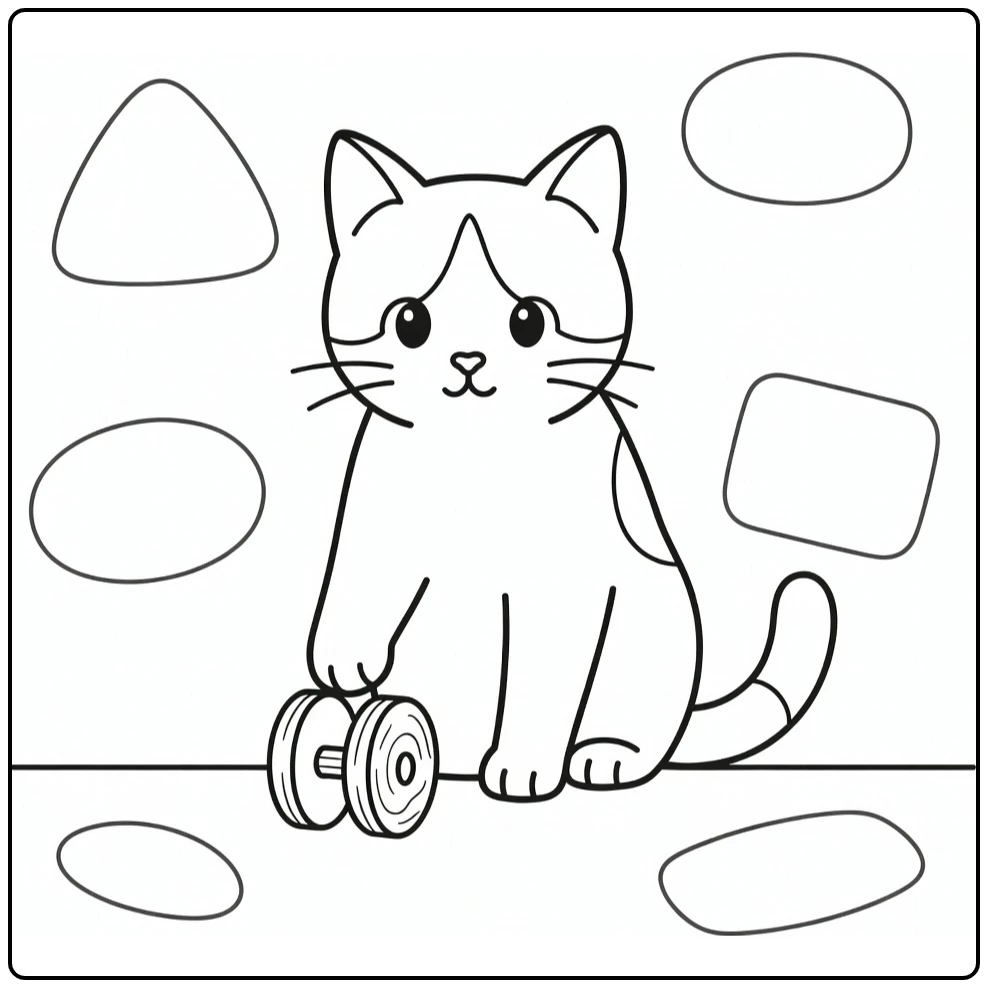 Tuxedo cat pushing wooden wheel toy, tuxedo cat coloring pages