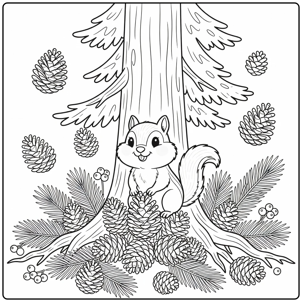 Cute chipmunk on pinecone pile: forest animals coloring page