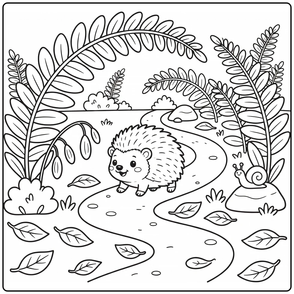 Hedgehog under fern arch forest animals coloring page