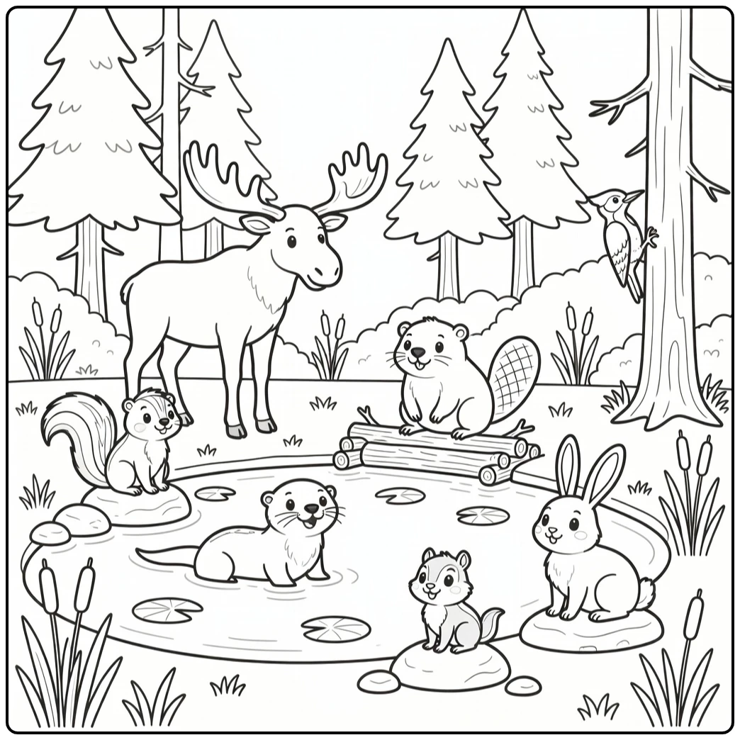Forest animals coloring page: woodland creatures at beaver pond