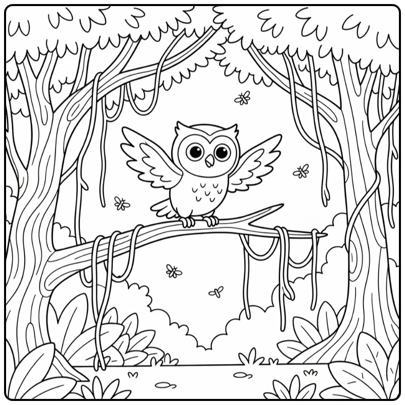 Owl landing on branch with wings spread, forest animals coloring page