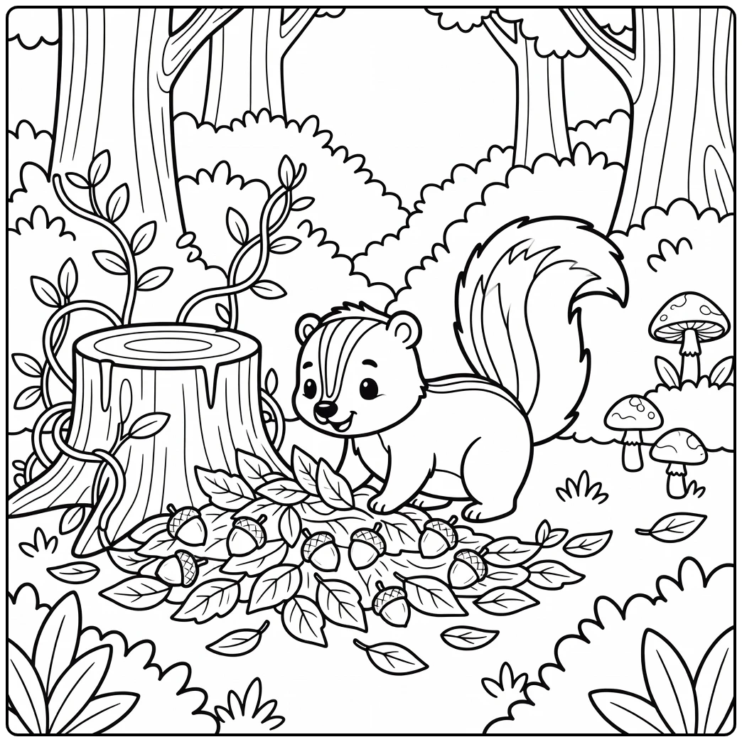 Cute skunk nosing leaves by stump forest animals coloring page