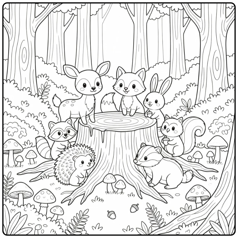 Forest animals coloring page: deer, fox, rabbit around giant stump
