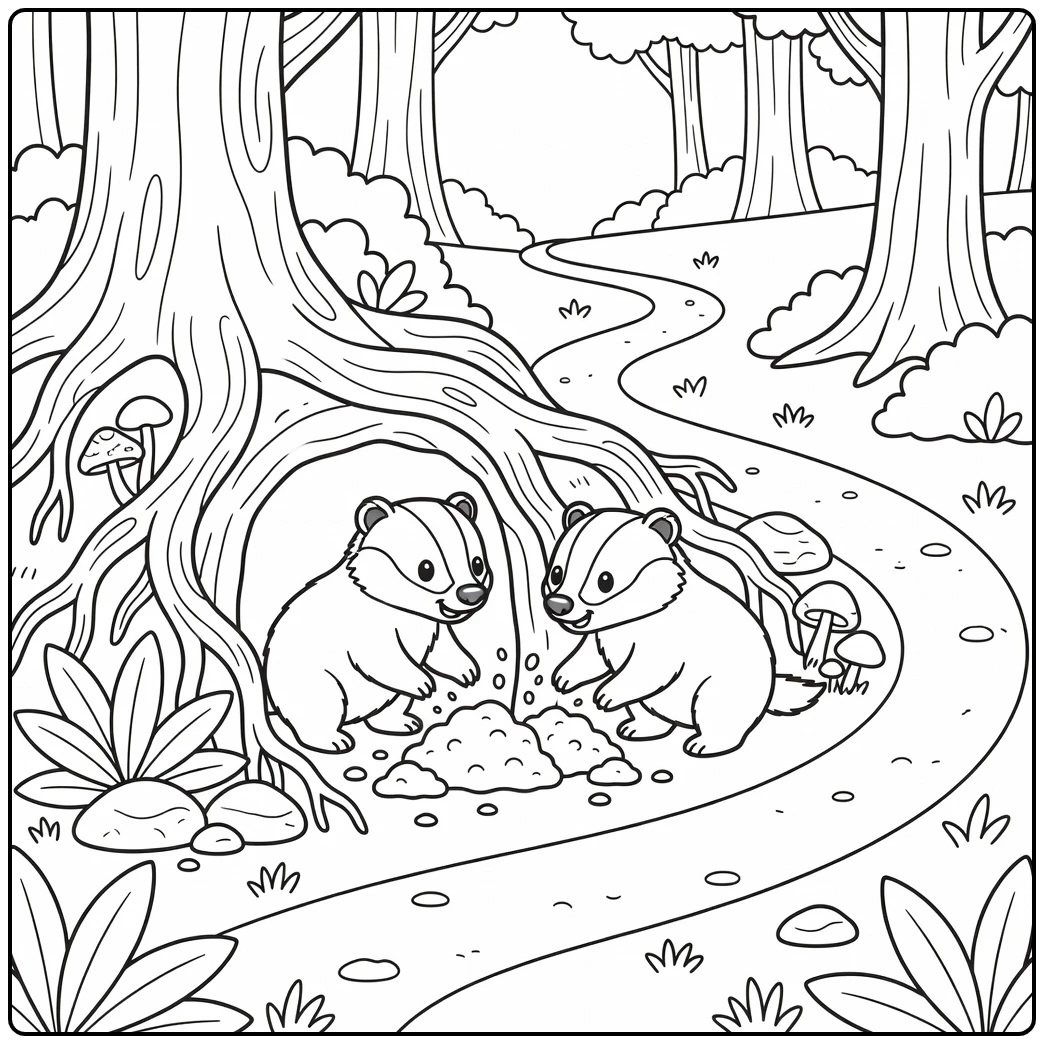 forest with animals coloring page: badgers digging den