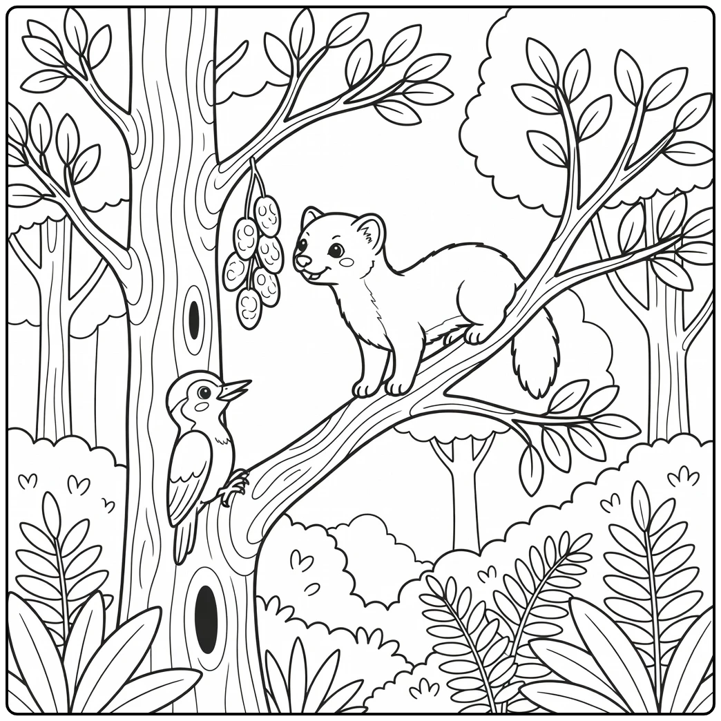 forest with animals coloring page: pine marten sniffs seed pods