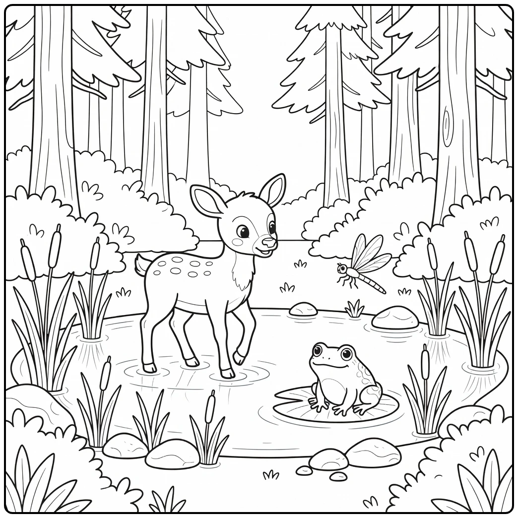 Forest with animals coloring page: elk at woodland pond