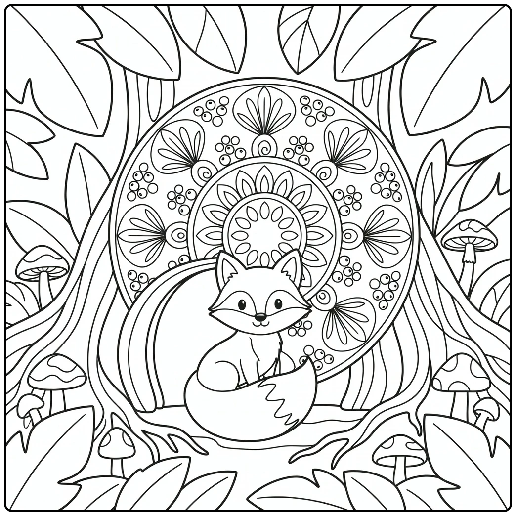 Animal mandala coloring pages: fox curls by den with leaf swirls