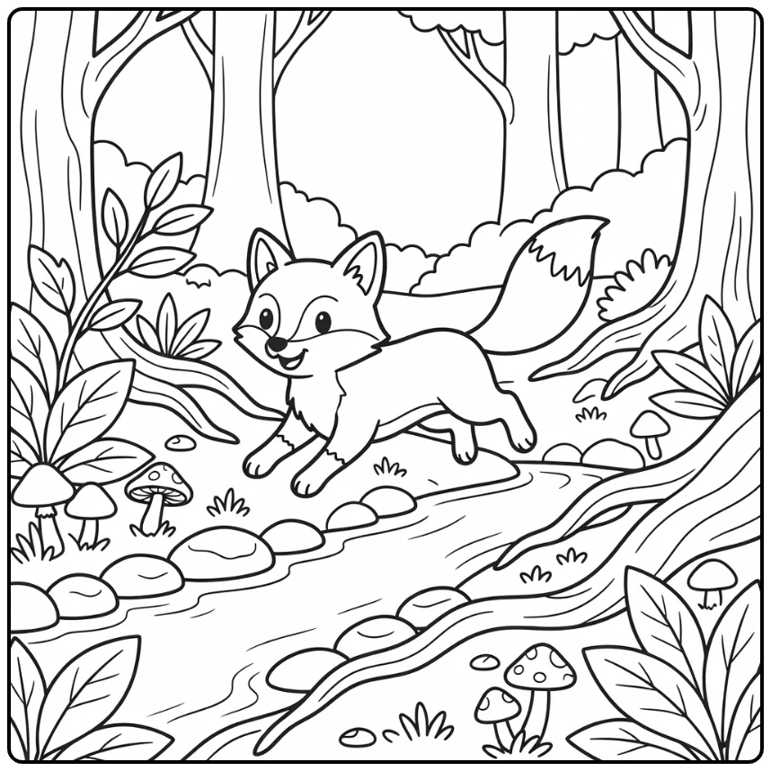 Wild animals coloring page: fox leaping forest stream