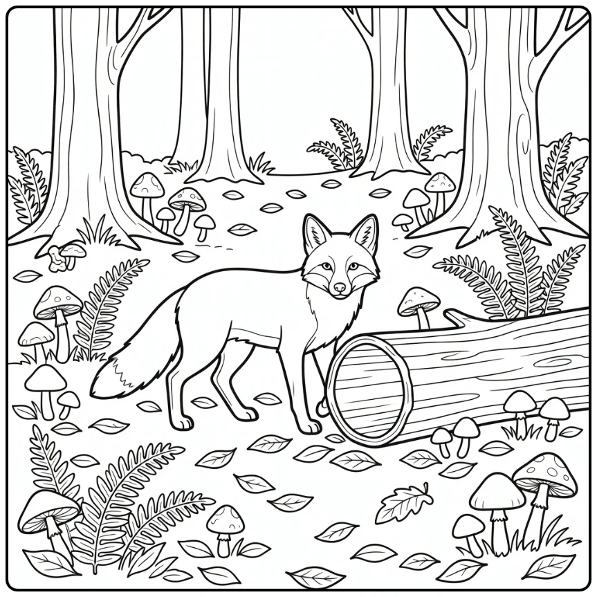 Realistic animal coloring page: fox by hollow log, ferns, mushrooms