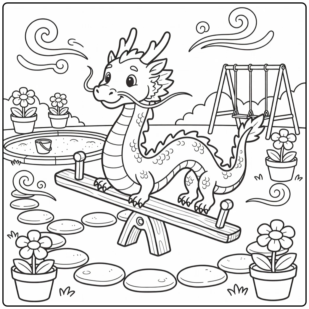 chinese dragon coloring page for kids balancing on playground seesaw