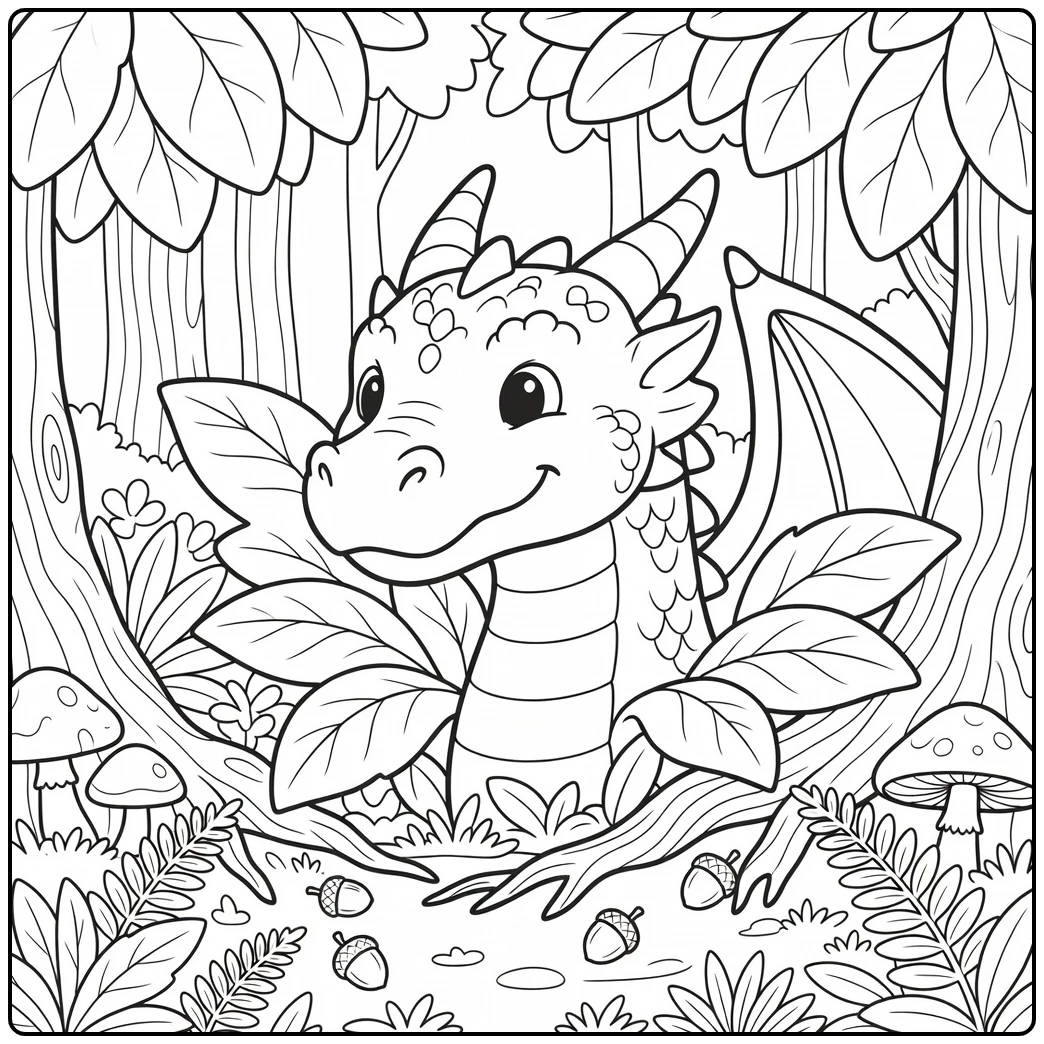Dragon head coloring page peeking through giant forest leaves