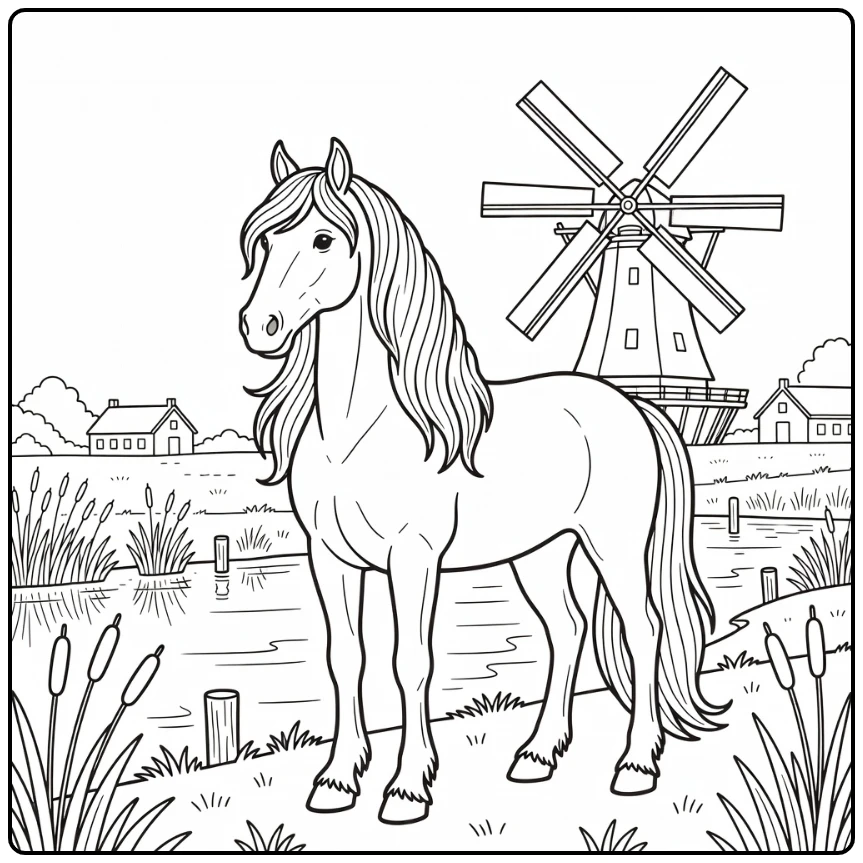 Friesian horse coloring page by canal with windmill