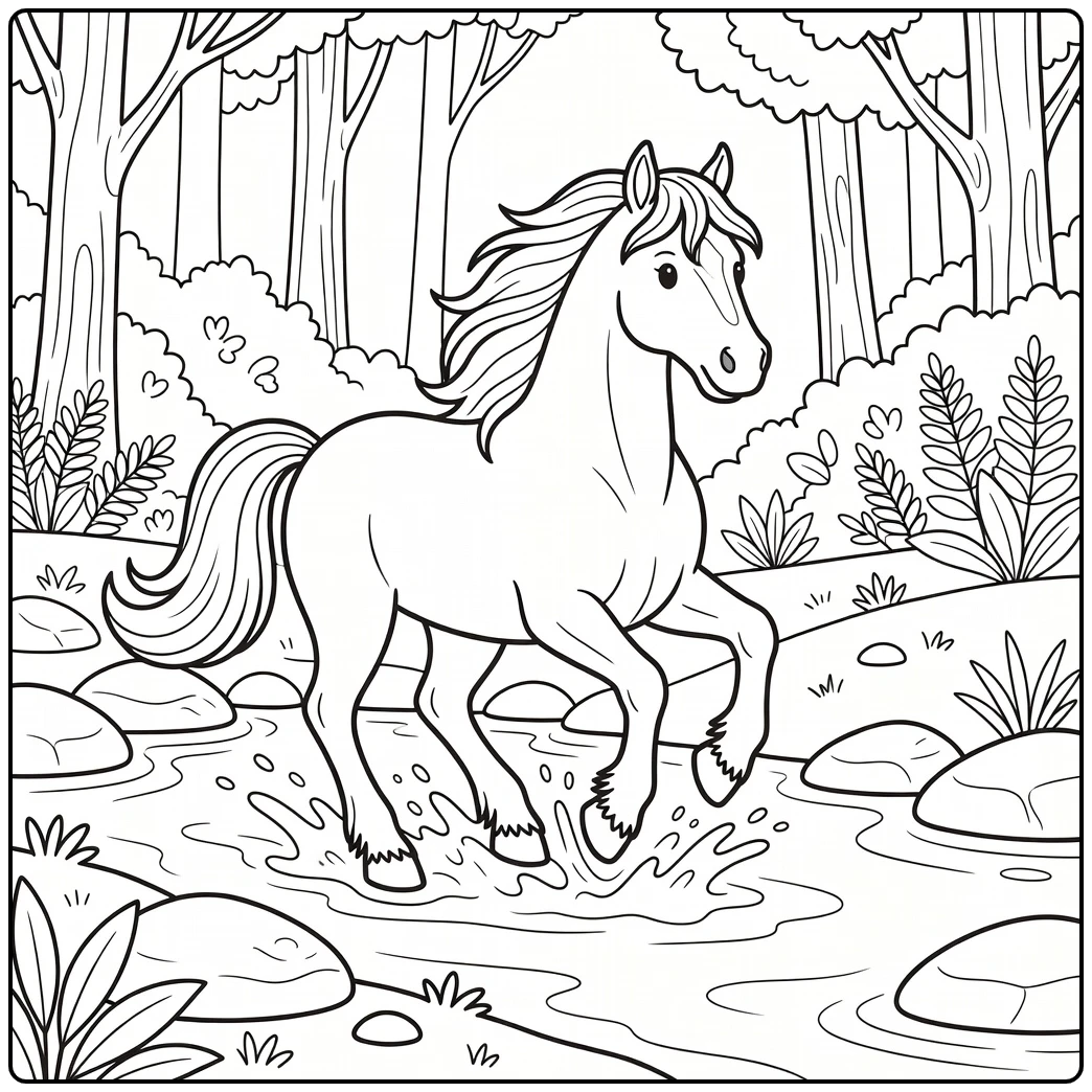 friesian horse coloring page in woodland stream scene