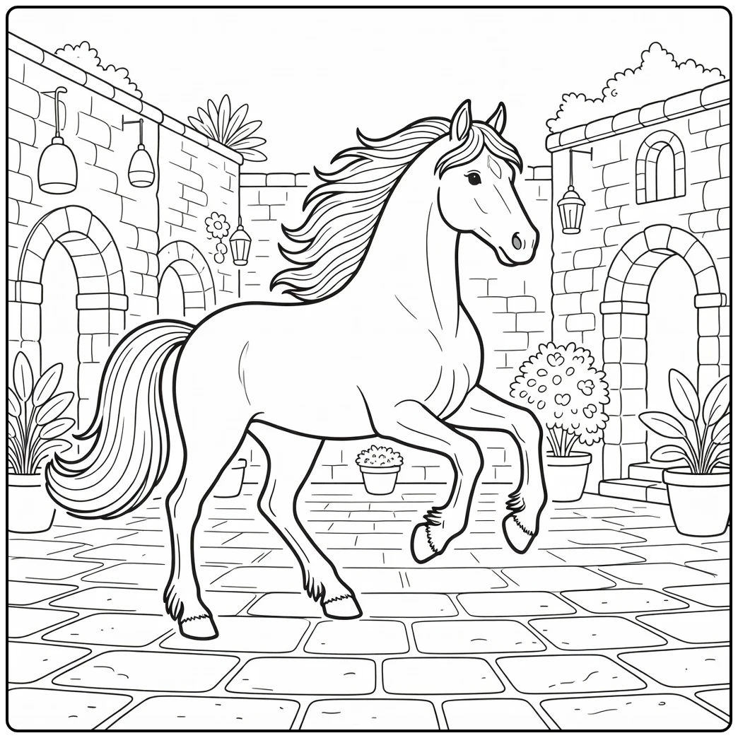 Fun friesian horse coloring page with courtyard trot