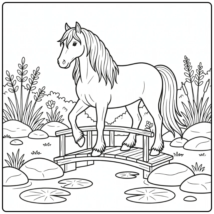 friesian horse coloring page crossing garden bridge