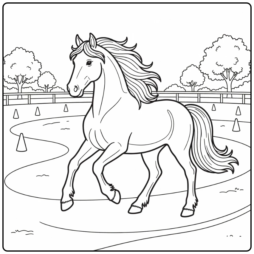 Friesian horse coloring page showing graceful dressage movement
