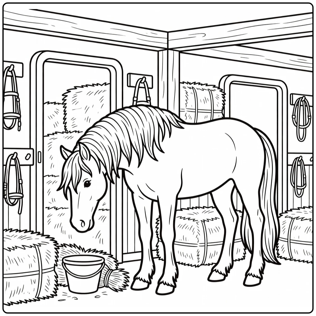 Friesian horse coloring page inspecting bucket near stable