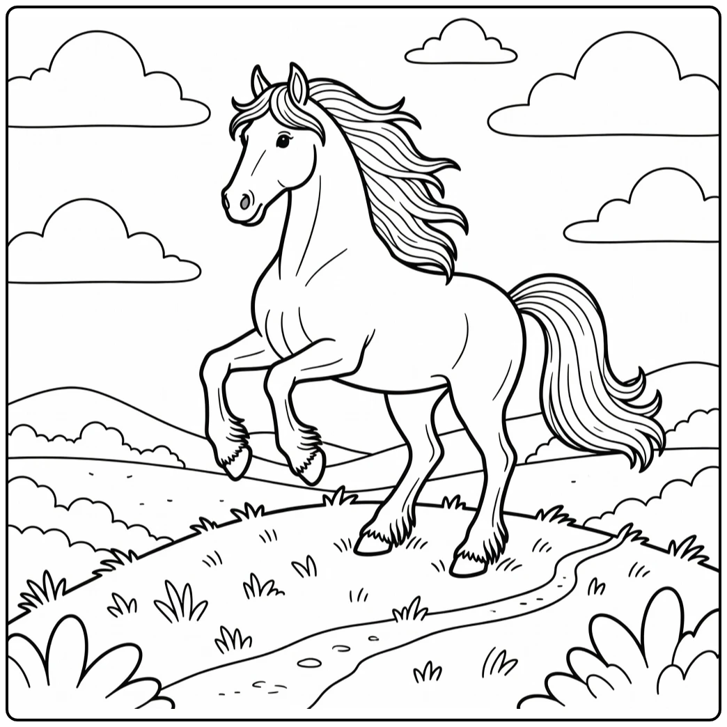 friesian horse coloring page rearing on grassy hilltop