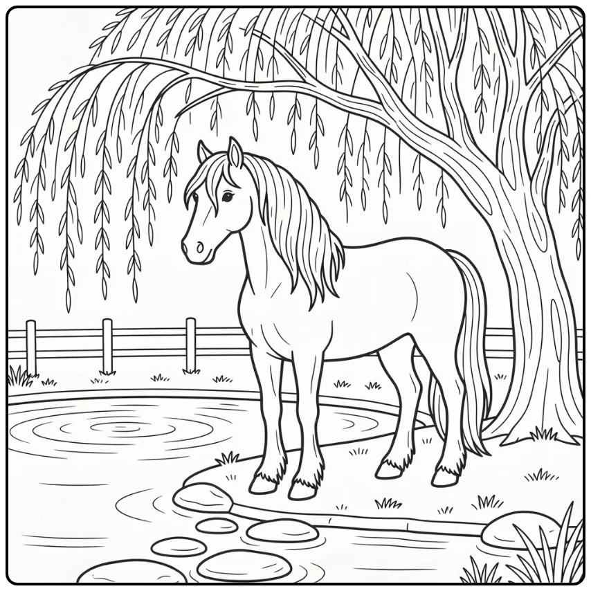 Friesian horse coloring page under willow by quiet pond