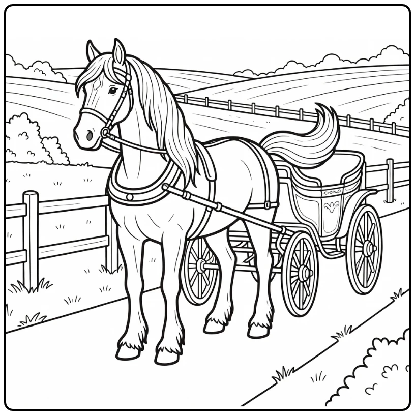 Friesian horse coloring page pulling decorative carriage