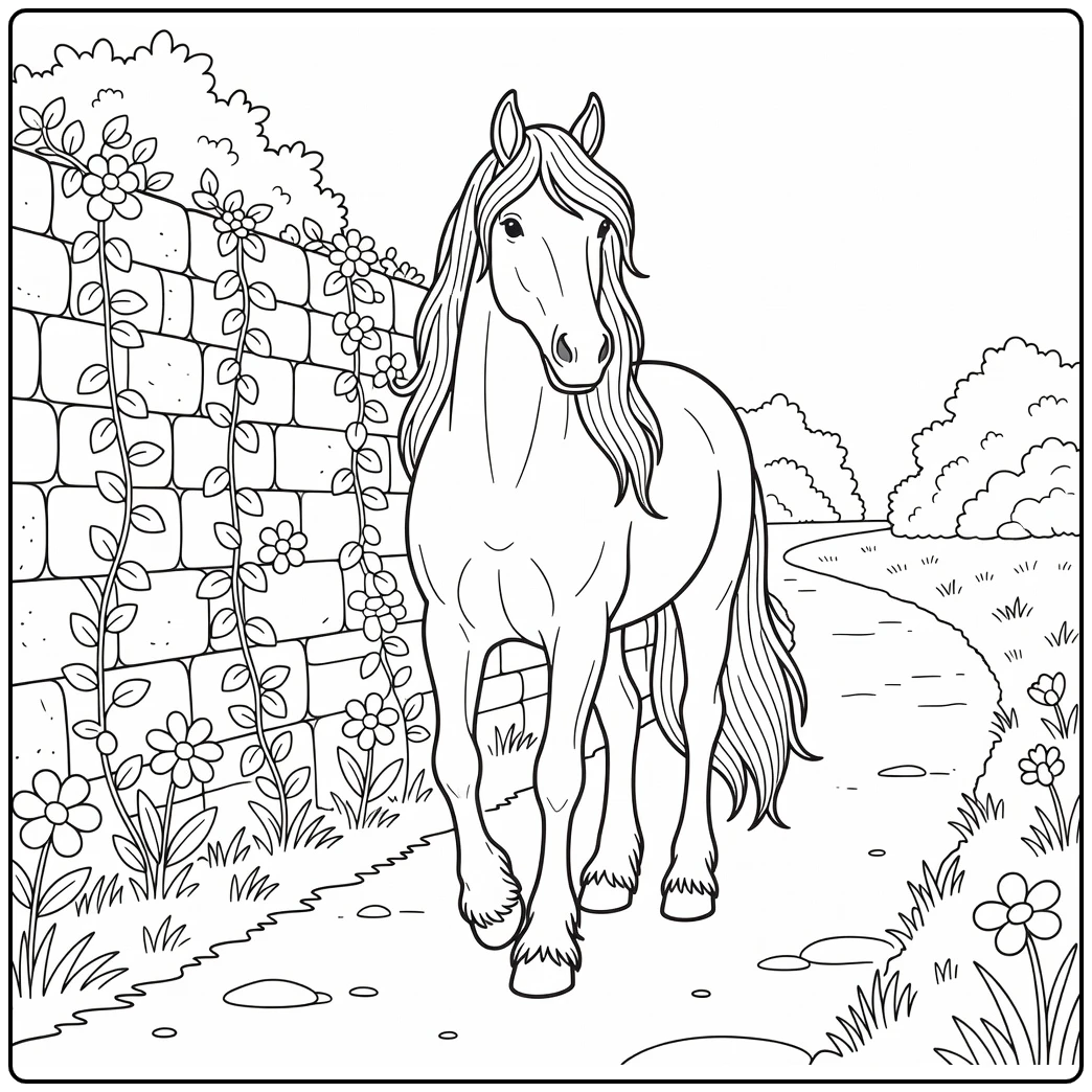 Charming friesian horse coloring page by vine-covered stone wall