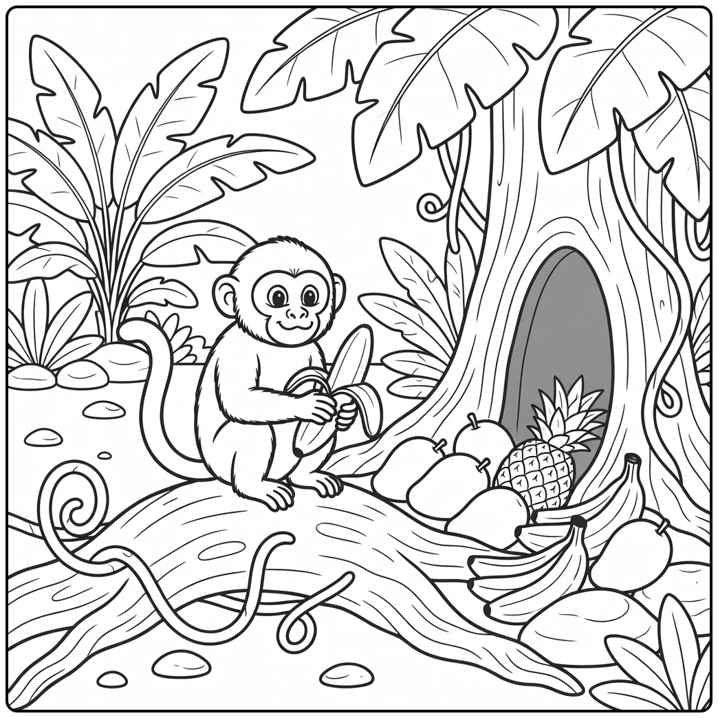 Fruit animal coloring page with capuchin monkey peeling banana