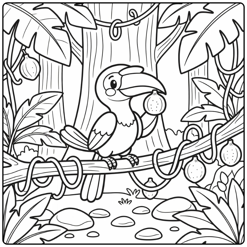 Fruit animal coloring page cute hornbill with tropical fig