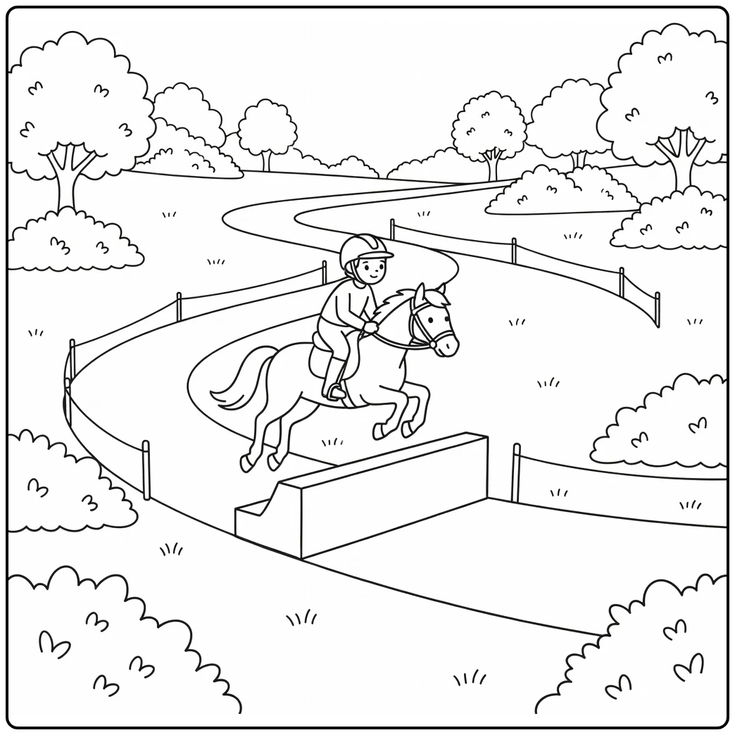 cross country jumping horse coloring page on outdoor course