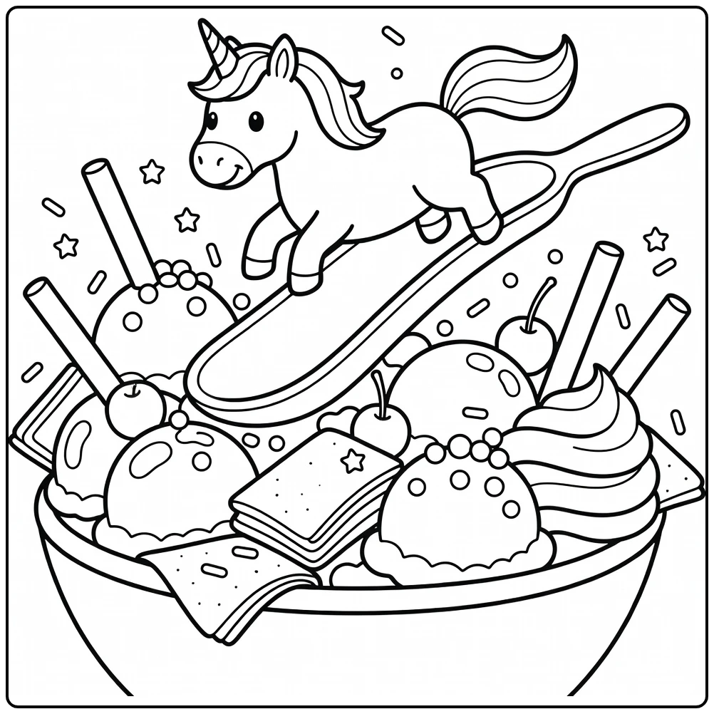 Unicorn sliding on ice cream spoon unicorn ice cream coloring page