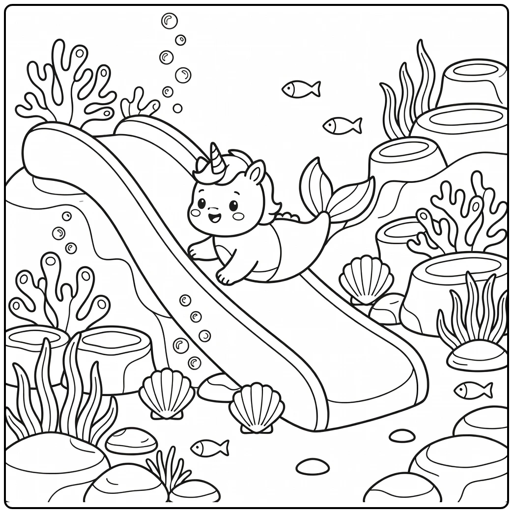 Chubby baby unicorn mermaid coloring page on sea slide
