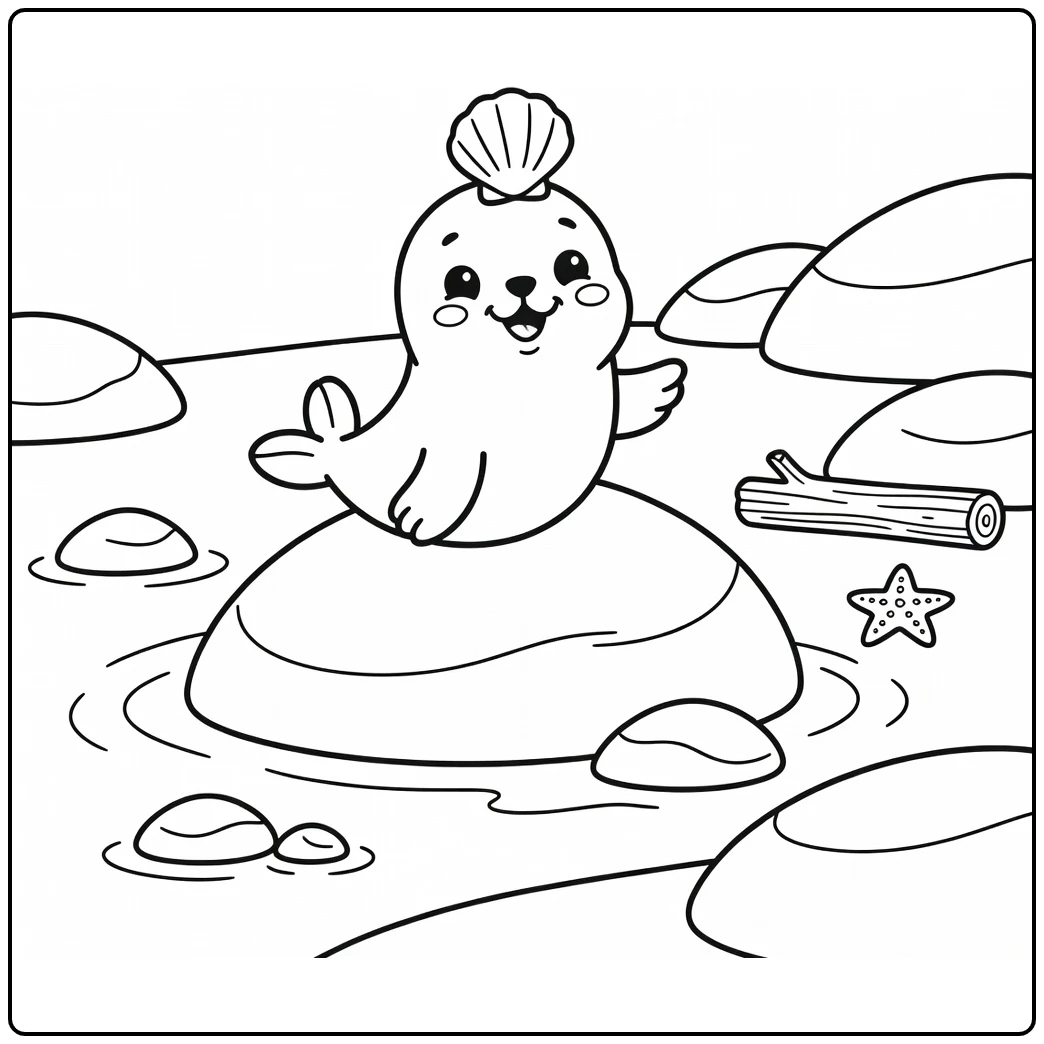 Seal pup balancing seashell on nose easy baby animal coloring pages