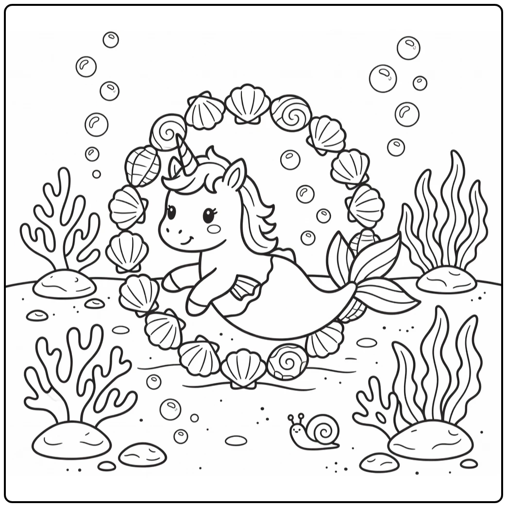 Baby unicorn mermaid coloring page squeezing seashell wreath