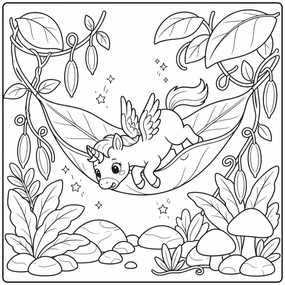 Baby unicorn with wings coloring page tangled in leaf hammock