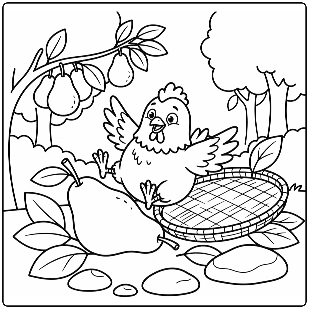 Funny chicken coloring page slipping on a pear