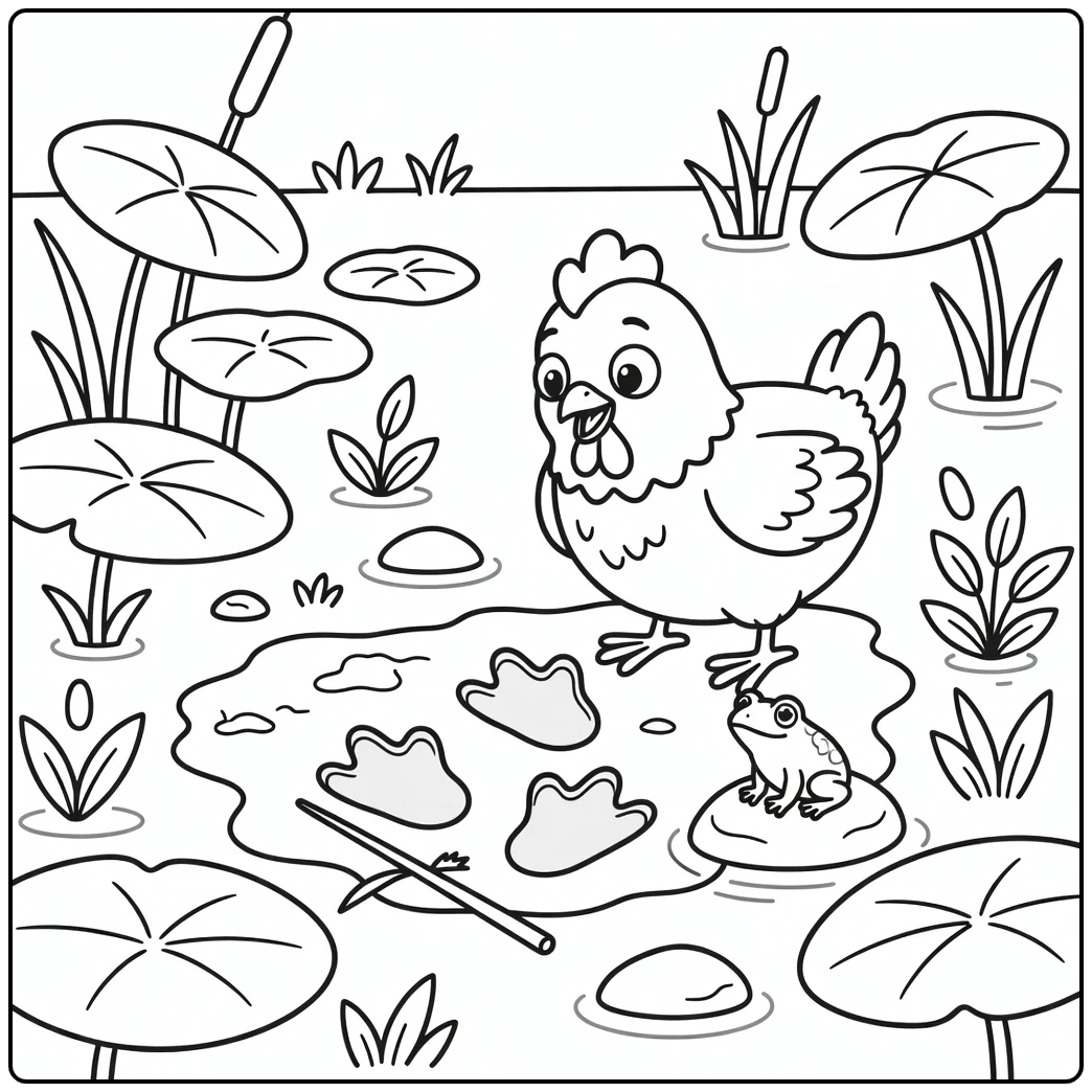 Funny chicken coloring page with footprints and frog in mud