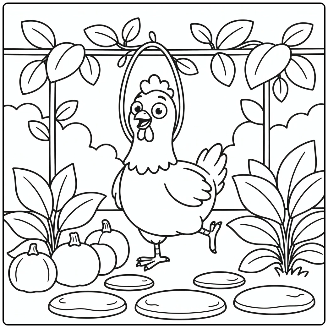 Surprised funny chicken coloring page in garden vines
