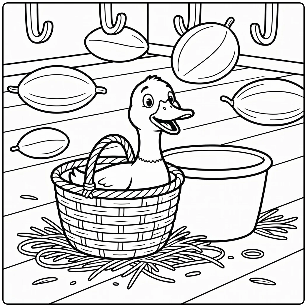 Funny duck coloring page with surprised duck in basket