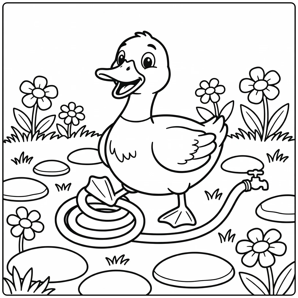 Funny duck coloring page with duck caught in garden hose