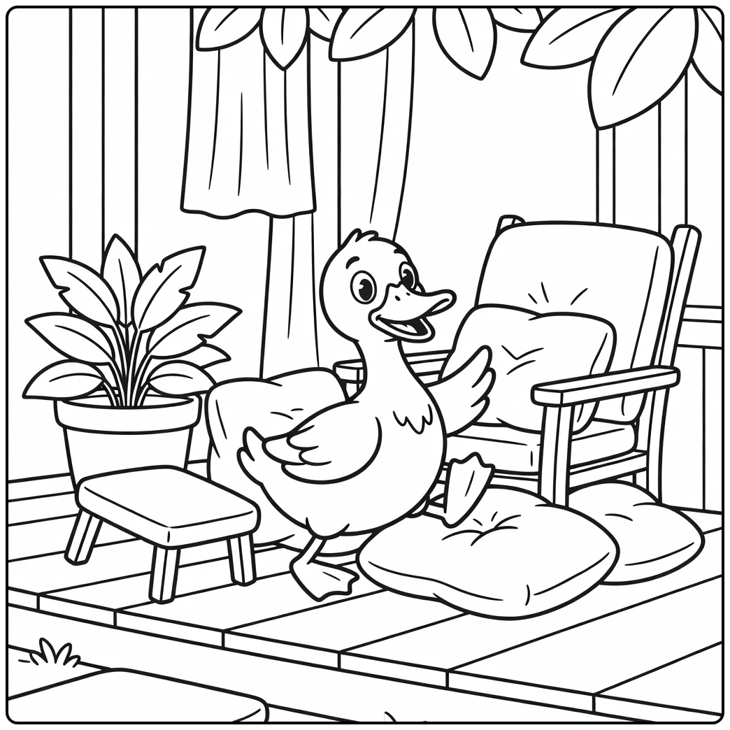 Funny duck coloring page bumping into cushions on farm porch