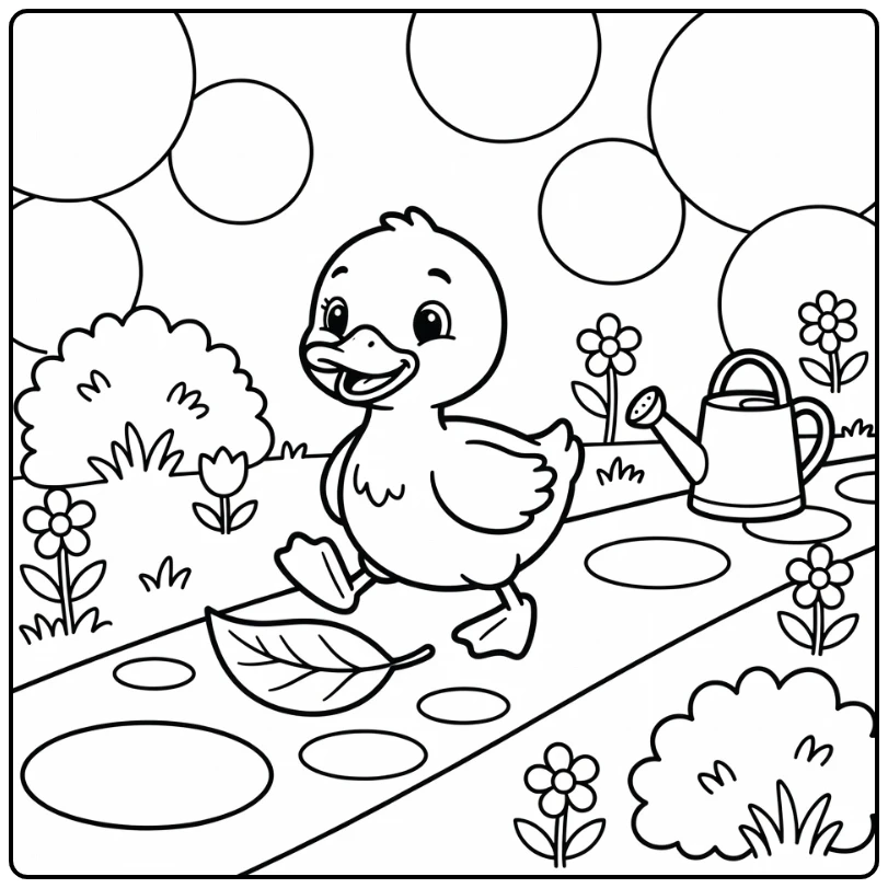 Easy baby animal coloring pages: duckling steps over leaf