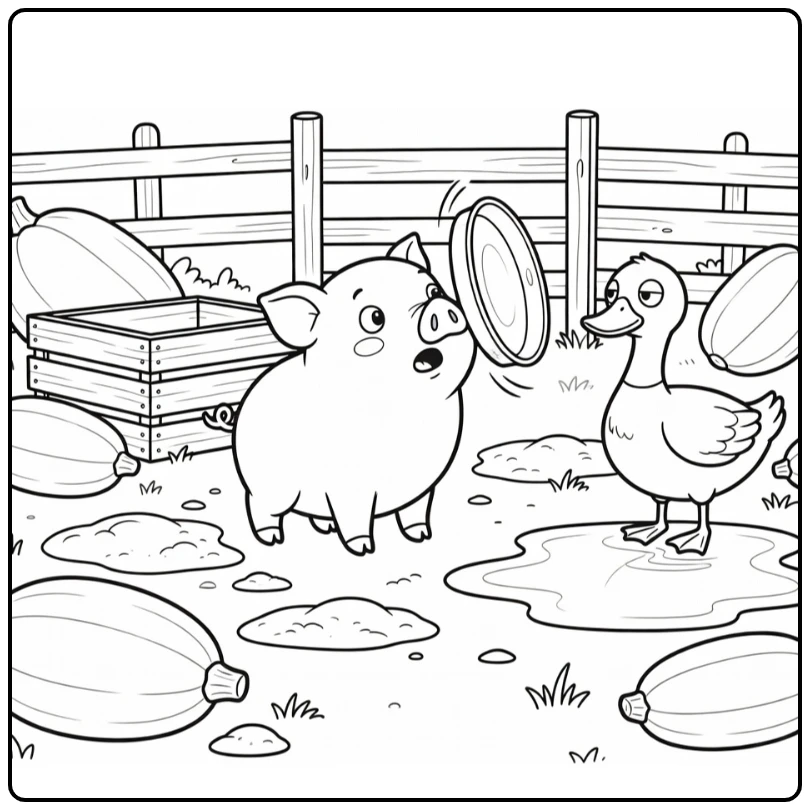 Funny farm animals coloring page: piglet flips pan, duck watches
