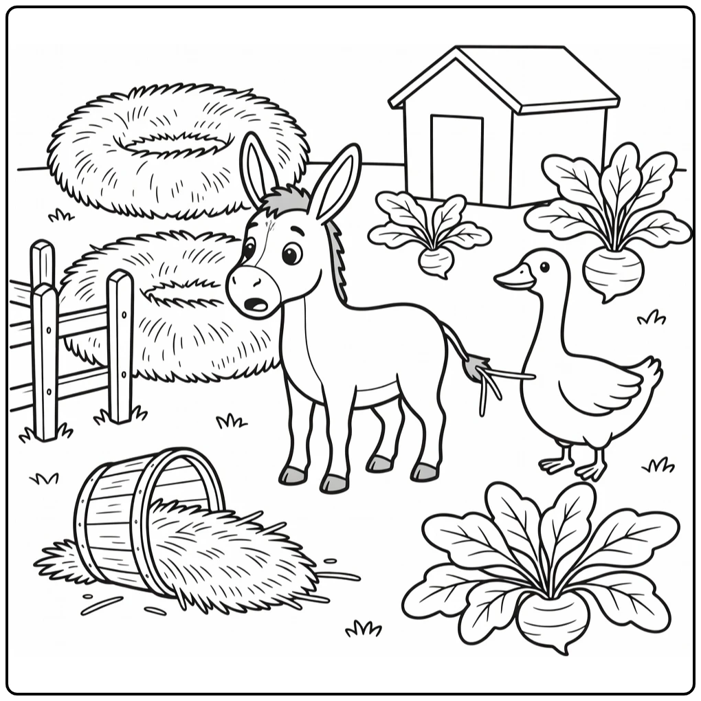 Funny farm animals coloring page: goose tugs donkey tail