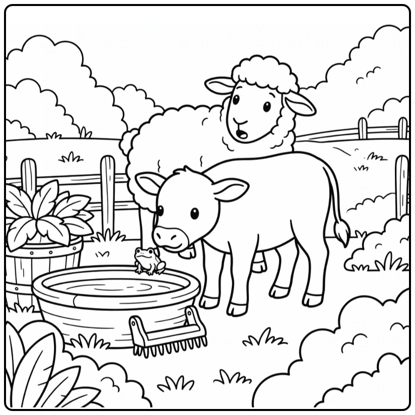 Funny farm animals coloring page: calf sniffs frog