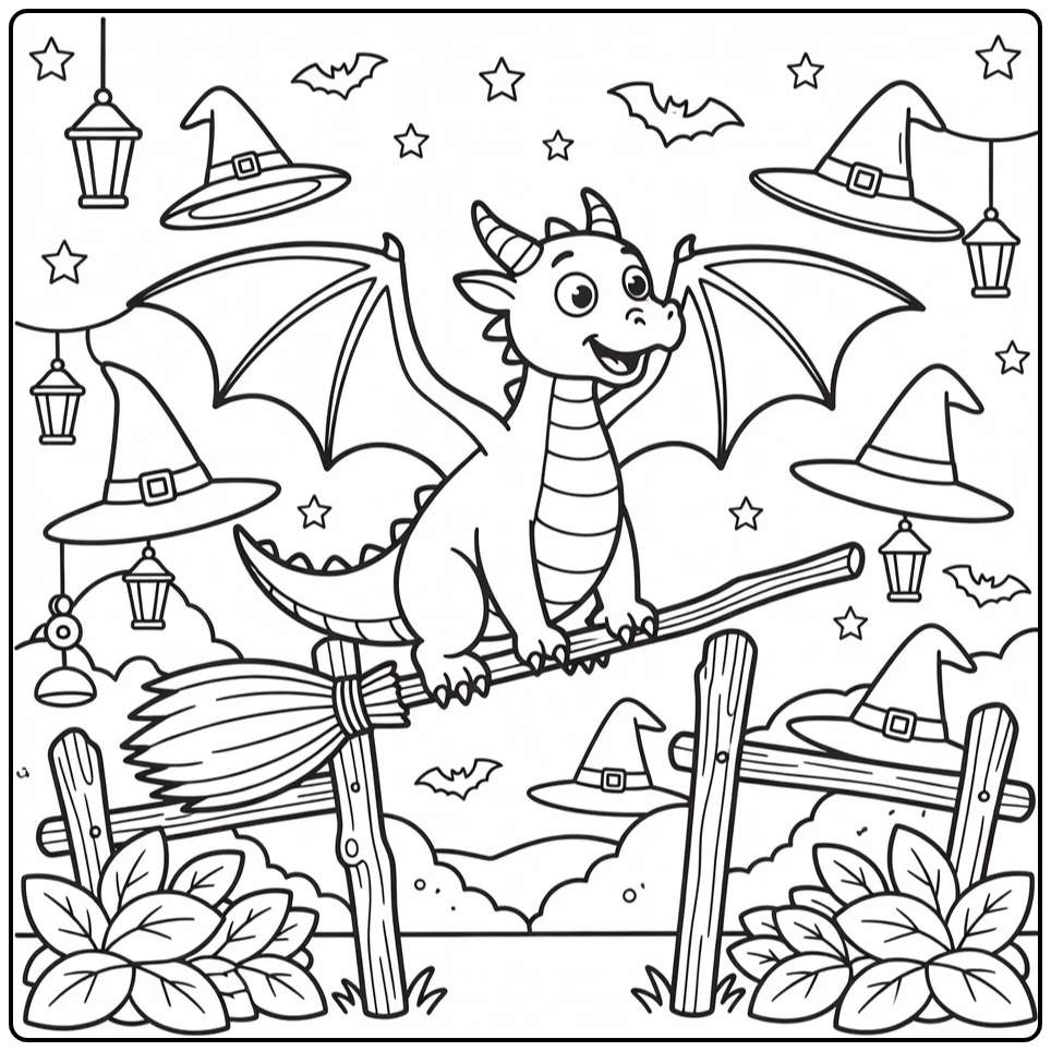 Halloween dragon coloring page: surprised dragon on broomstick