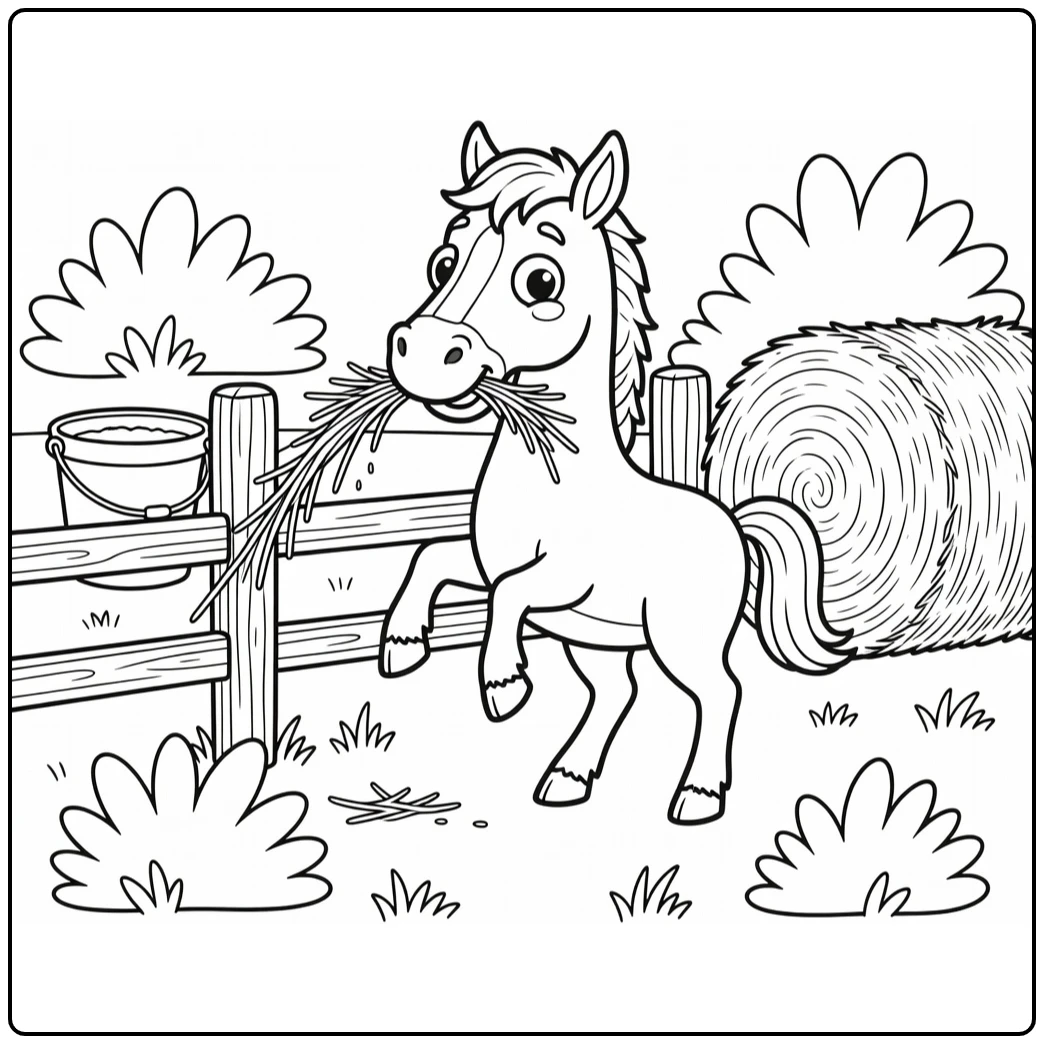 Funny horse coloring page with silly hay pulling scene