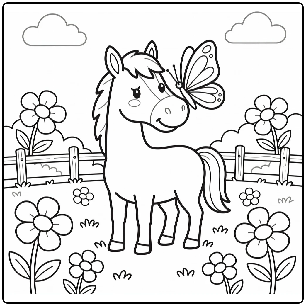 Funny Horse Coloring Page with Butterfly on Nose