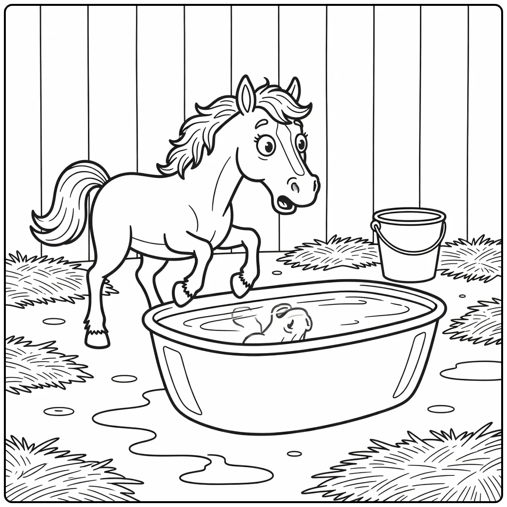 Funny horse coloring page showing startled reflection moment