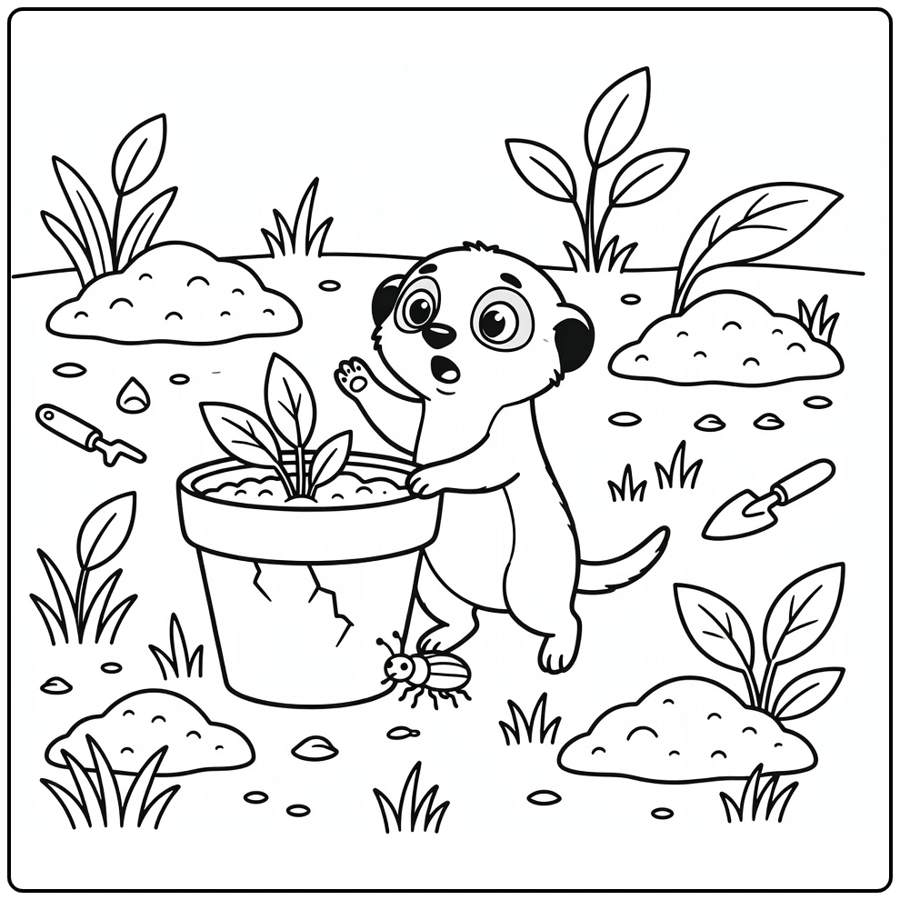 Startled meerkat pup peeks at pot, beetle surprises in spring baby animal coloring pages