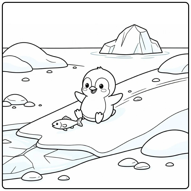 Penguin chick slides for fish on snow, cute baby animal coloring pages