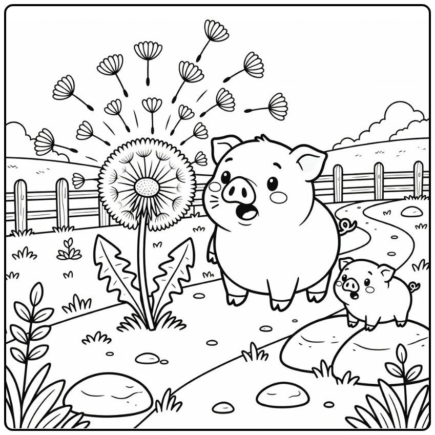 Funny pig coloring page with sneezing pig and dandelion puff